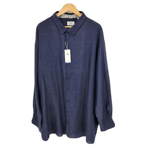 New Brax Men's Dirk U 100% Linen Button-Up Shirt Navy Blue Size 5XL Big & Tall - Picture 2 of 5